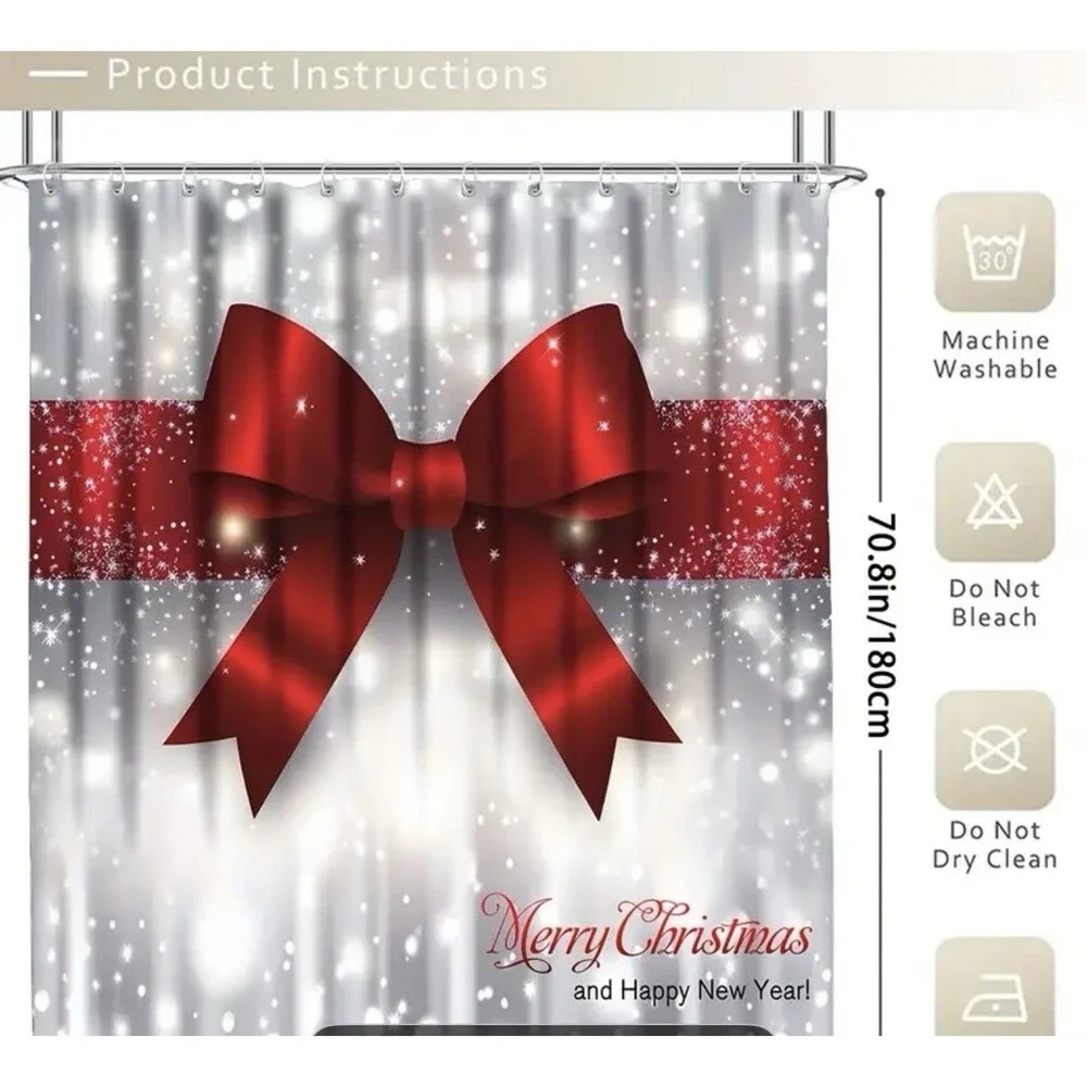 Unique Christmas Shower Curtain, Polyester White And Red Standard Size